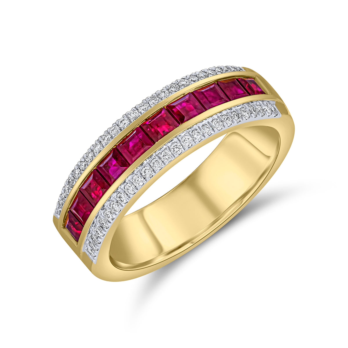 18CT YELLOW GOLD CHANNEL SET 10X SQUARE RUBY AND CLAW SET ROUND DIAMOND 3 ROW BAND RING
