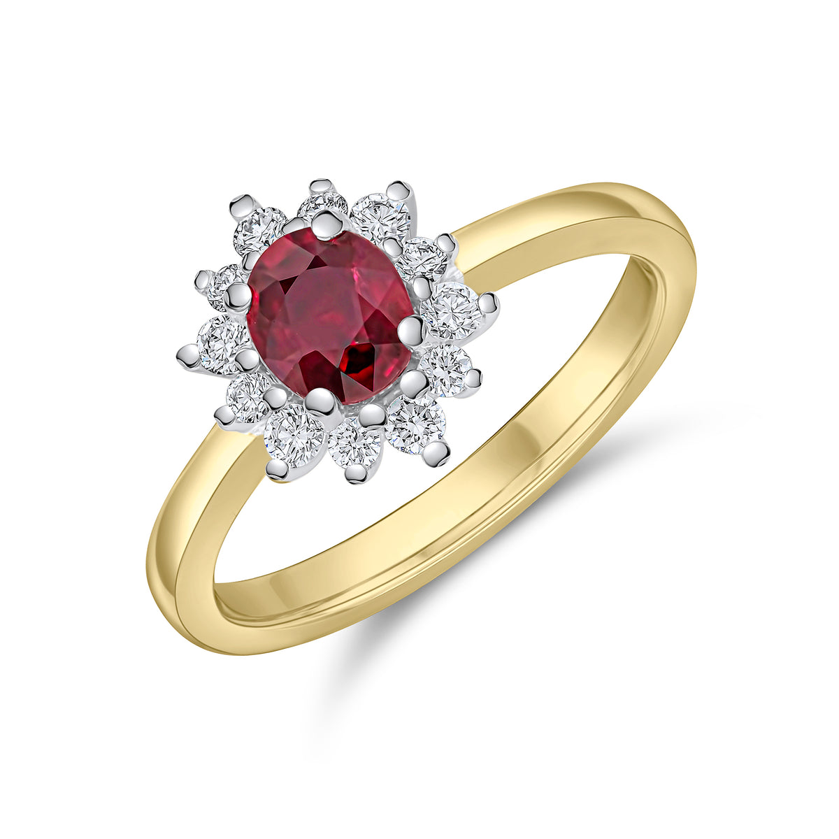 18CT YELLOW AND WHITE GOLD OVAL RUBY AND ROUND DIAMOND CLAW SET CLUSTER RING