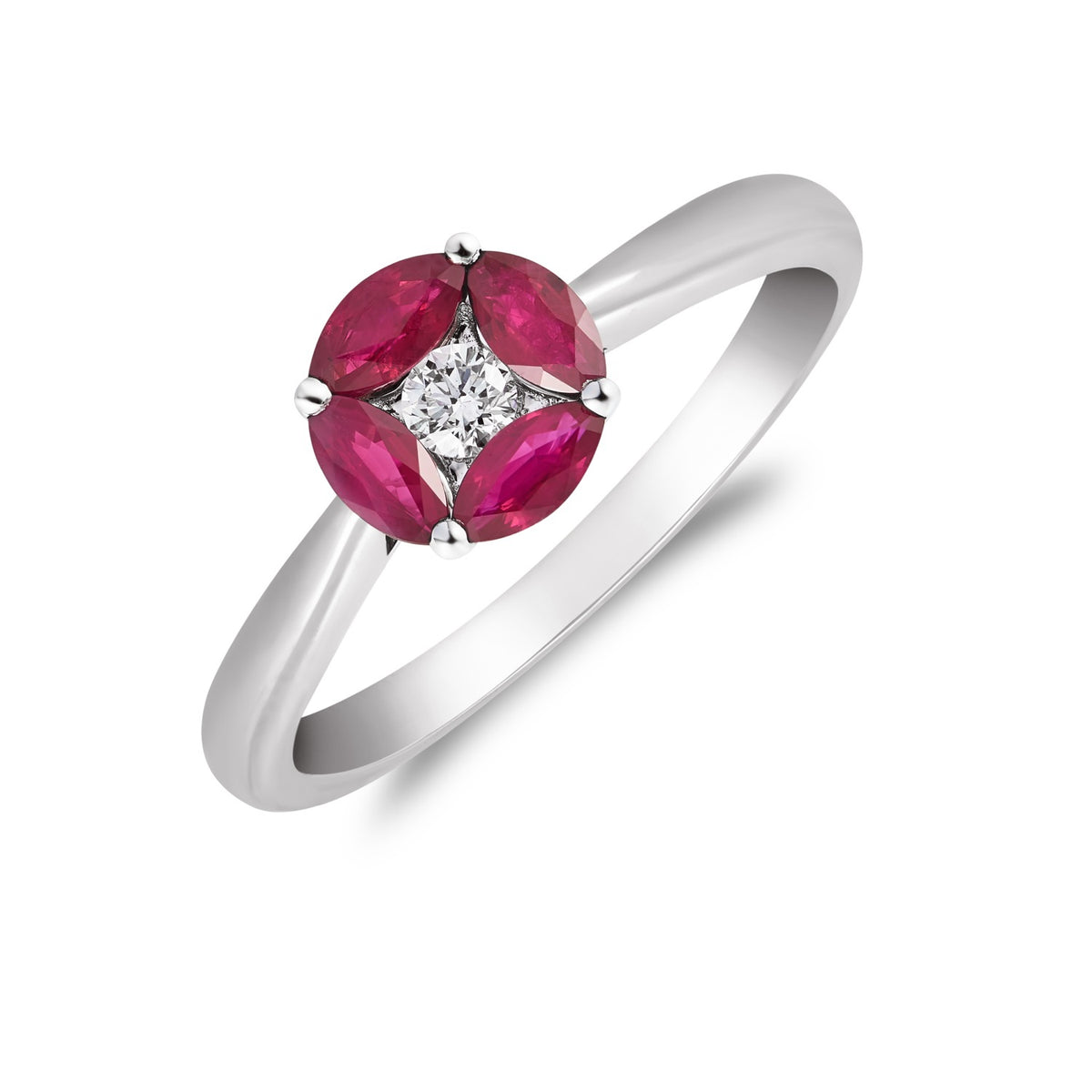 18CT WG MARQUISE RUBY AND ROUND DIAMOND CLUSTER RING. TAPERED SHANK