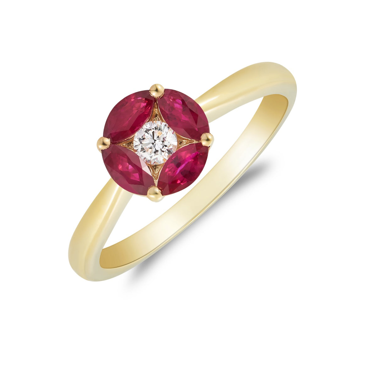 18CT YG MARQUISE RUBY AND ROUND DIAMOND CLUSTER RING. TAPERED SHANK