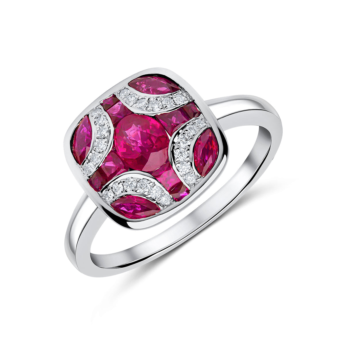 18CT WG RUBY & DIAMOND SHIELD RING WITH PLAIN SHANK