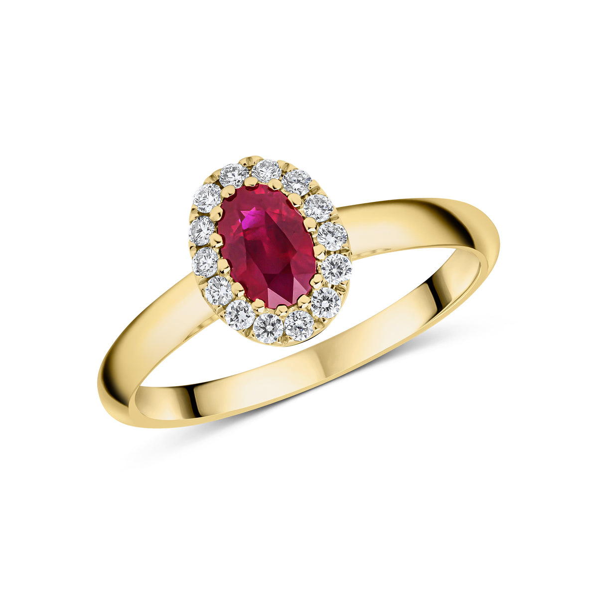18CT YG 6X4 OVAL RUBY & DIAMOND CLAW SET CLUSTER RING