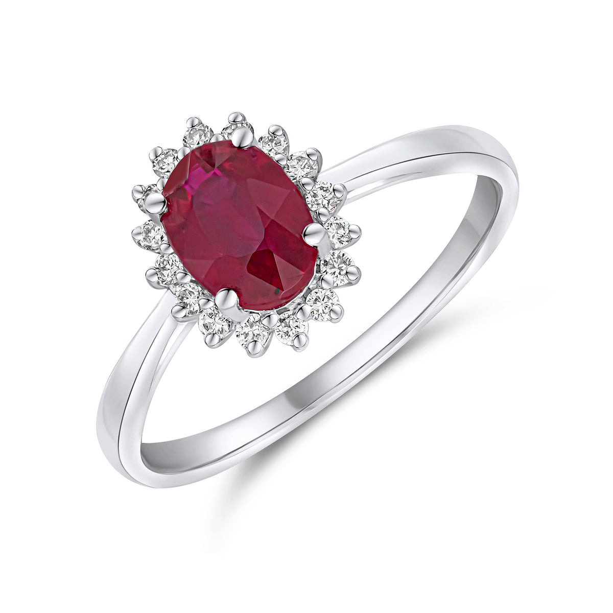 18CT WG 7X5 OVAL RUBY & DIAMOND CLAW SET CLUSTER RING