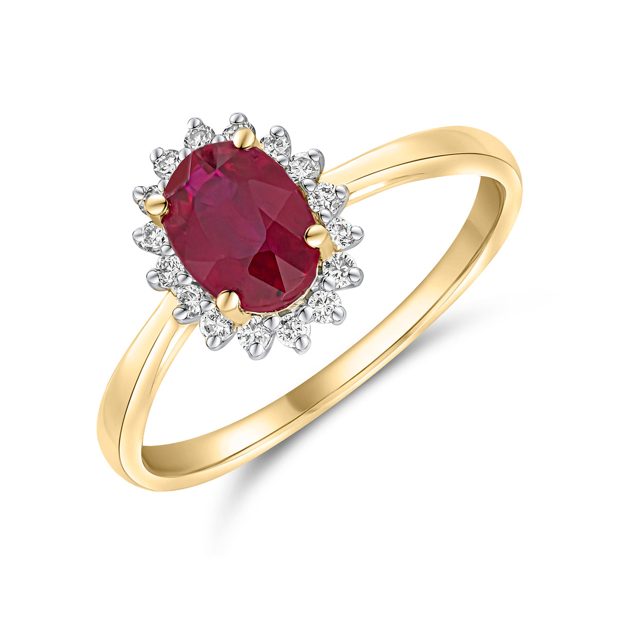 18CT YG 7X5 OVAL RUBY & DIAMOND CLAW CLUSTER RING RHODIUM TO DIAMONDS
