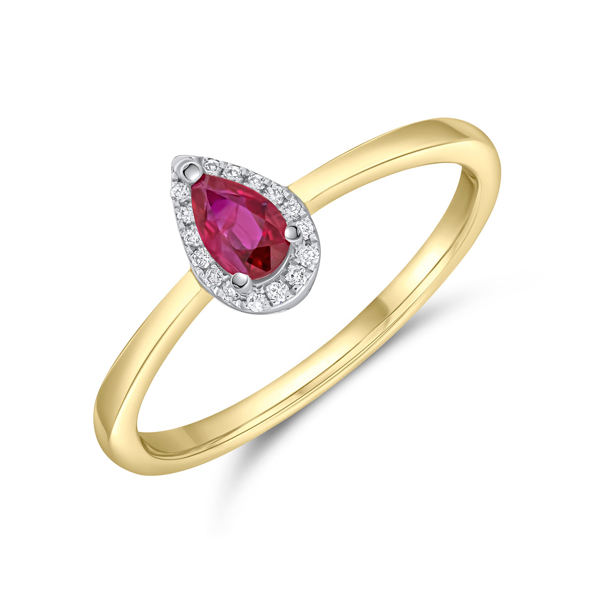 18CT YELLOW AND WHITE GOLD PEARSHAPE RUBY AND DIAMOND CLAW SET CLUSTER RING