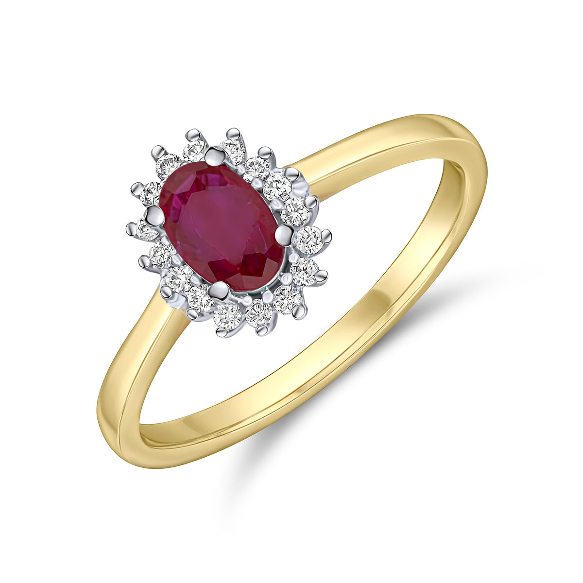 18CT YELLOW AND WHITE GOLD OVAL RUBY AND DIAMOND CLAW SET CLUSTER RING