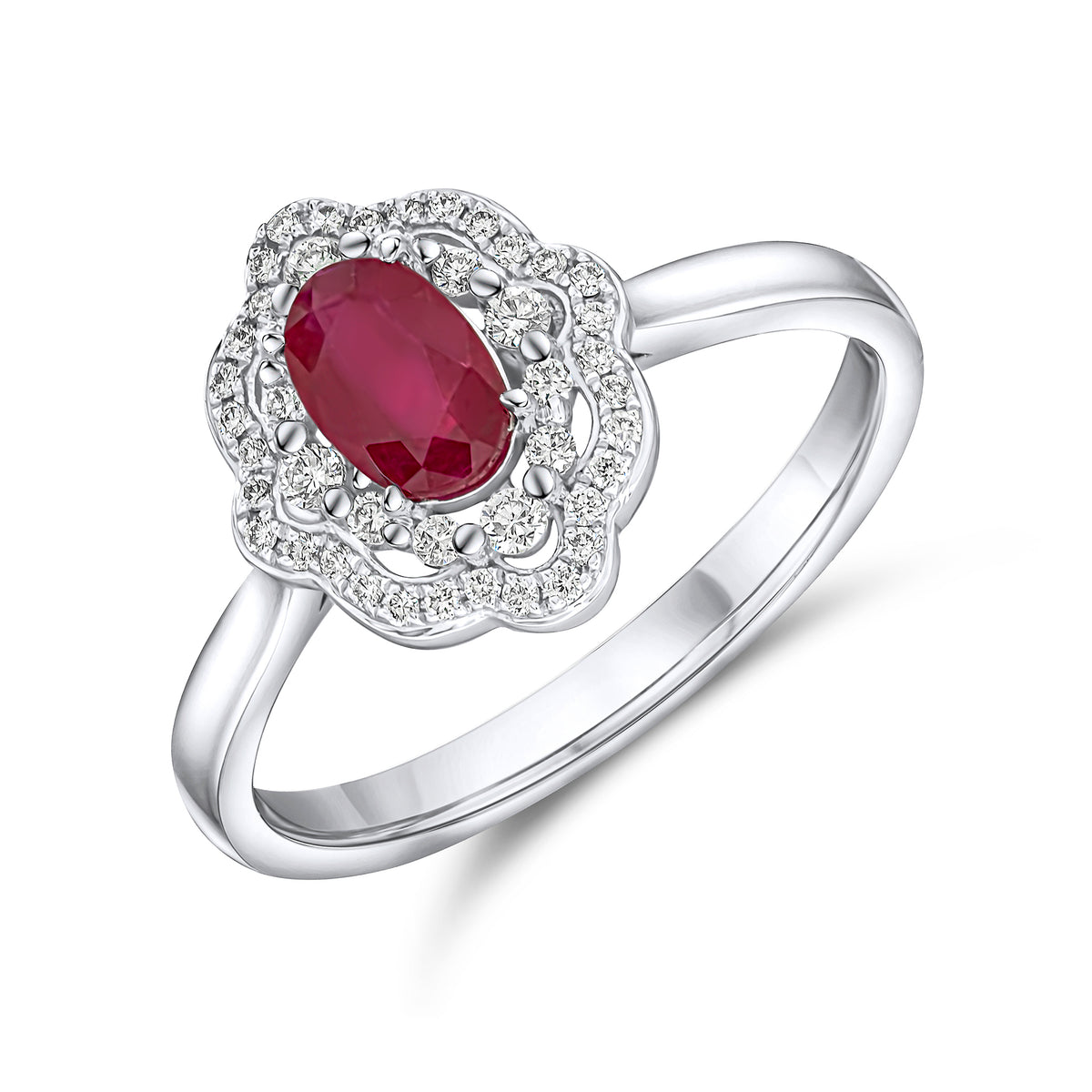 18CT WG OVAL RUBY AND DIAMOND TWO ROW BORDER FANCY CLUSTER RING