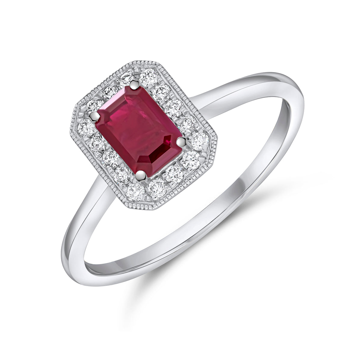 18CT WHITE GOLD OCTAGON RUBY AND DIAMOND CLAW/MILLEGRAIN CLUSTER RING