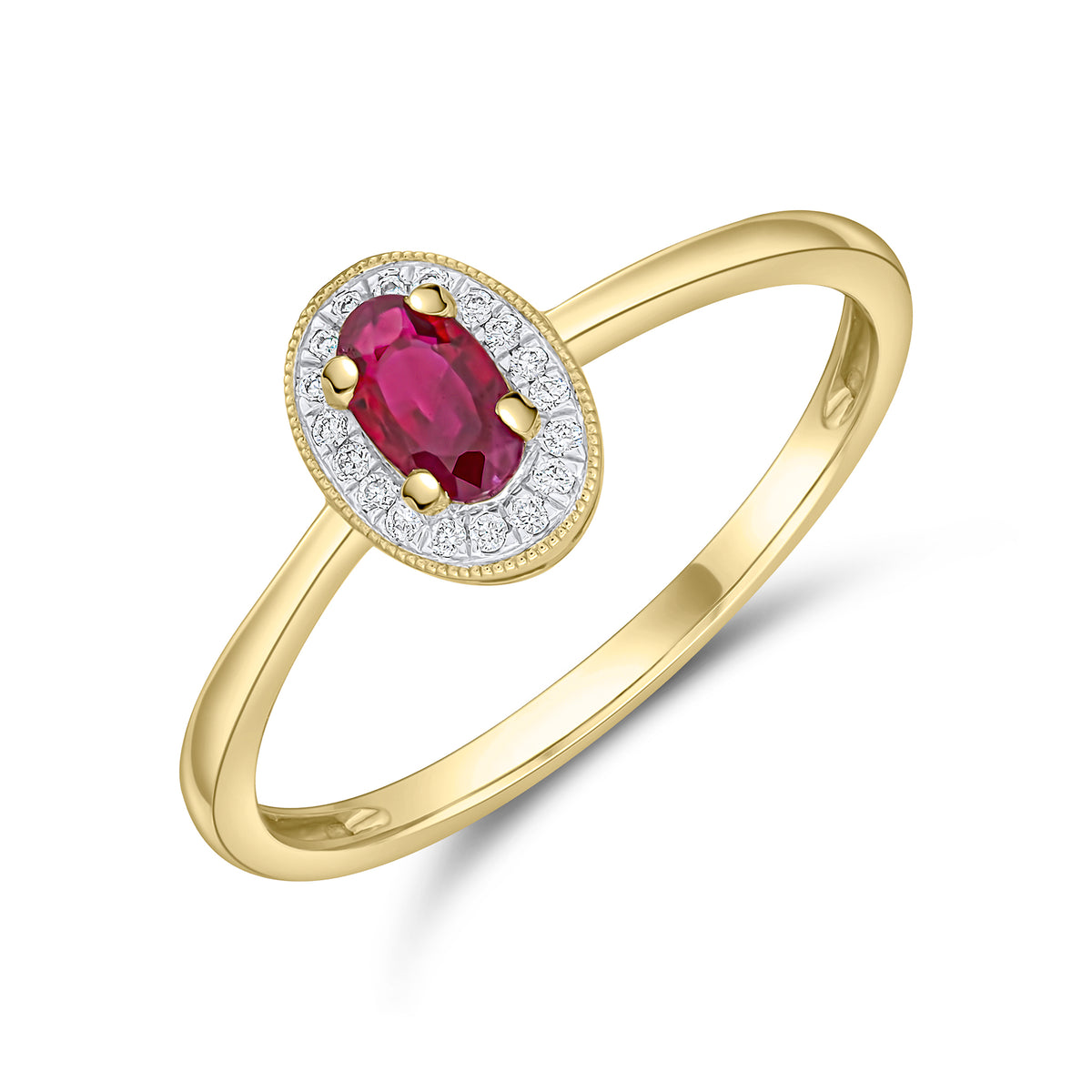 18CT YELLOW GOLD OVAL RUBY AND DIAMOND CLAW/MILLEGRAIN CLUSTER RING