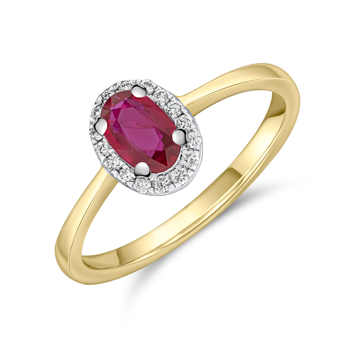 18CT YELLOW AND WHITE GOLD OVAL RUBY AND DIAMOND CLAW SET CLUSTER RING