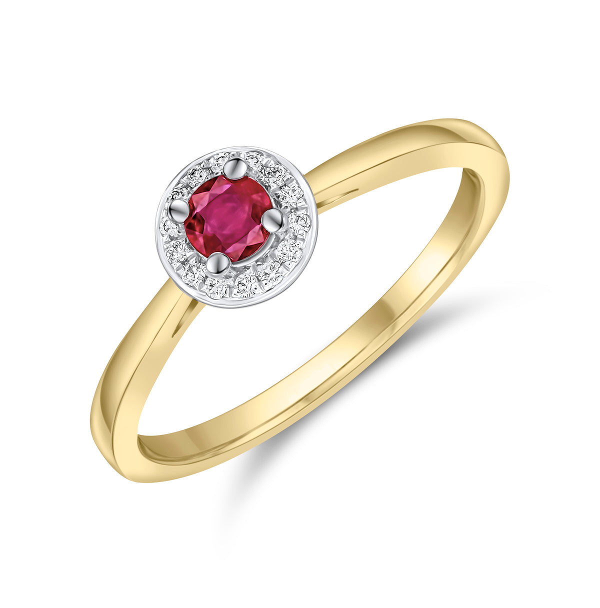 18CT YELLOW AND WHITE GOLD ROUND RUBY AND DIAMOND CLAW SET CLUSTER RING