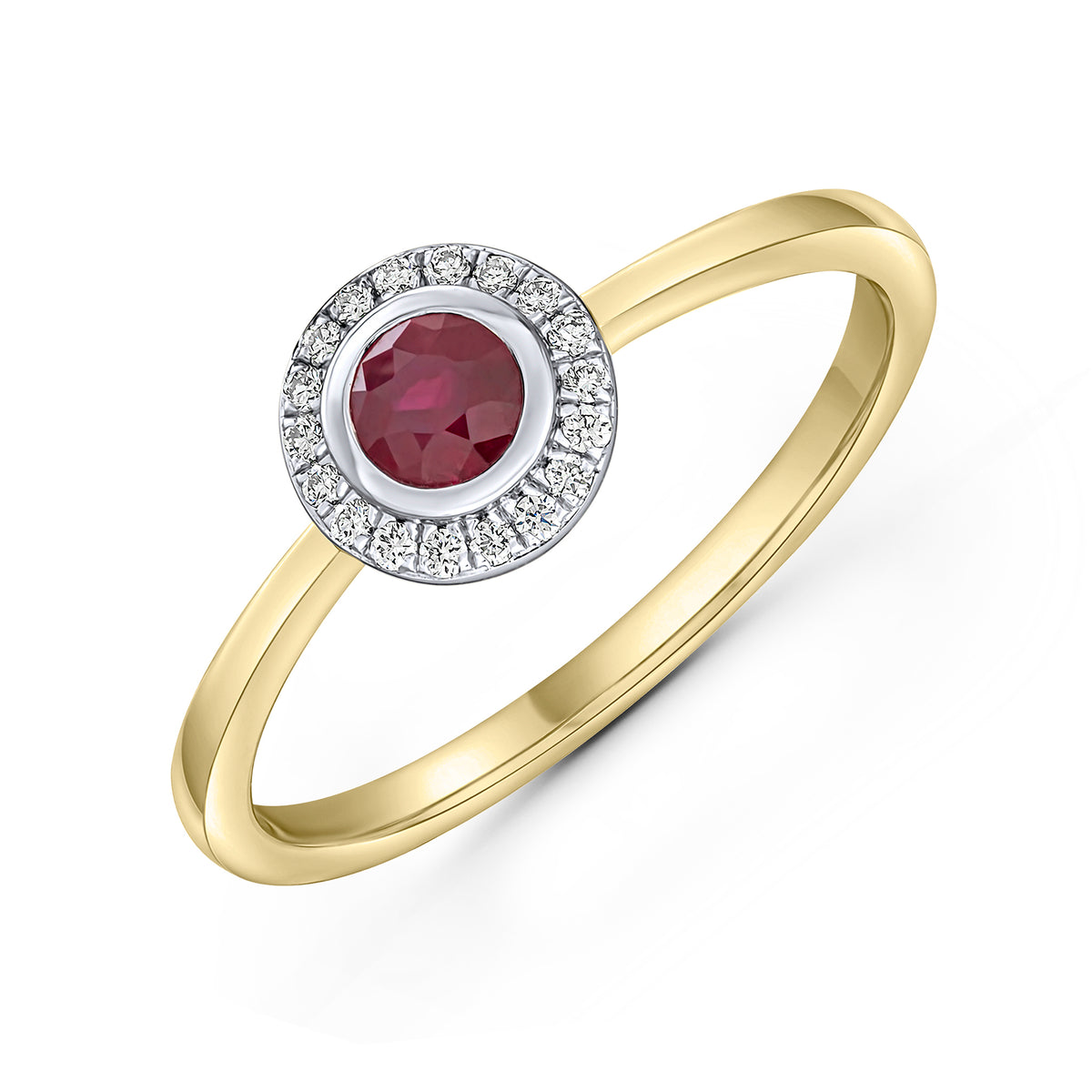 18CT YELLOW AND WHITE GOLD ROUND RUBY AND DIAMOND RUBOVER/GRAIN SET CLUSTER RING