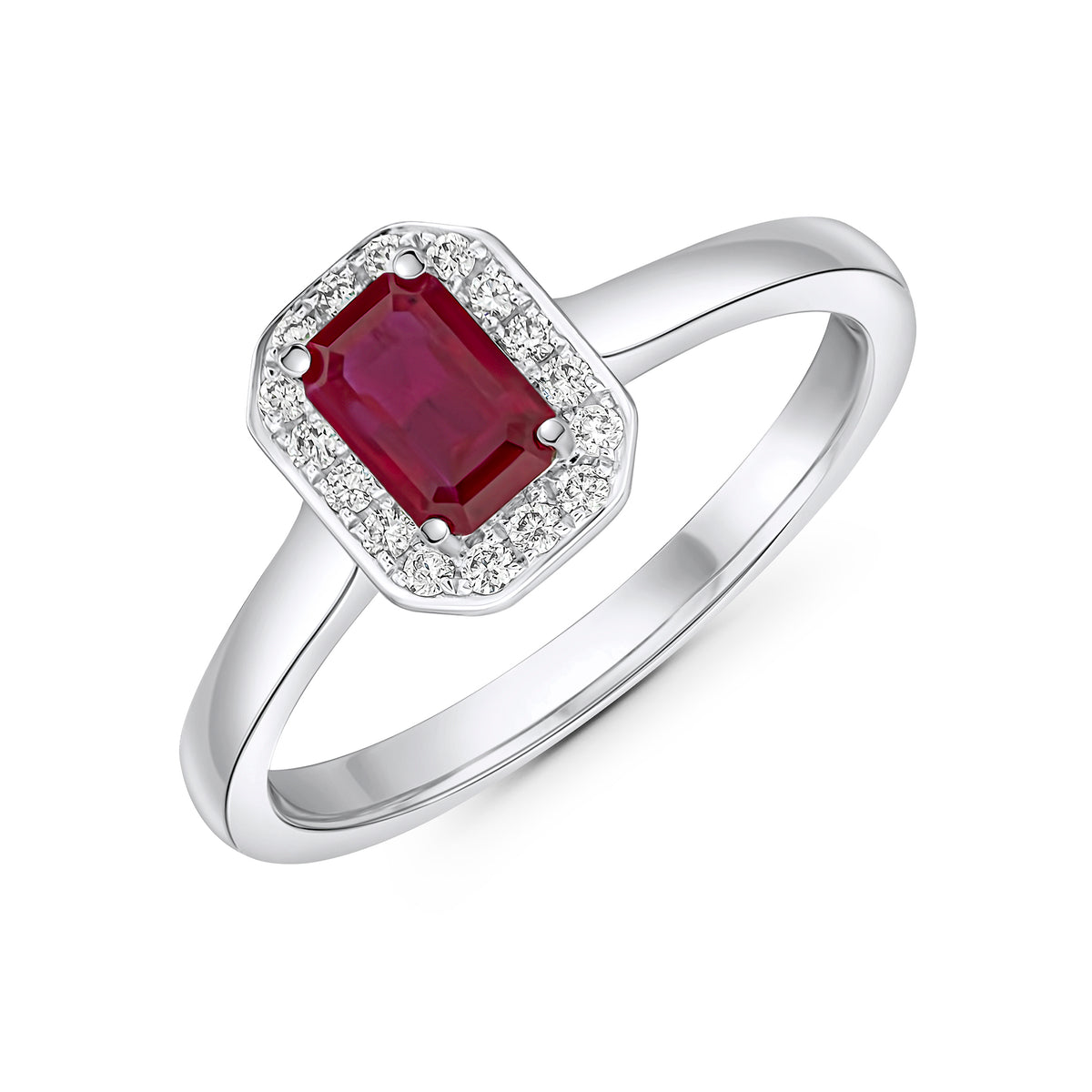 18CT WG 6X4 OCTAGON RUBY & DIAMOND CLAW SET CLUSTER RING