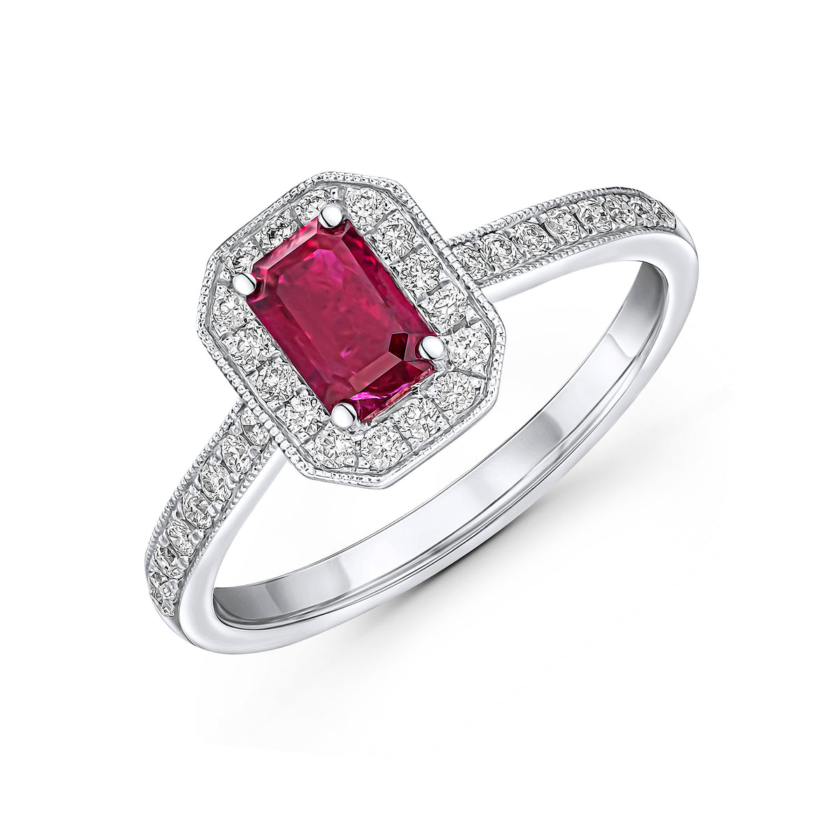 18WG OCTAGONAL RUBY & DIAMOND CLUSTER RING DIAMONDS ON SHOULDER