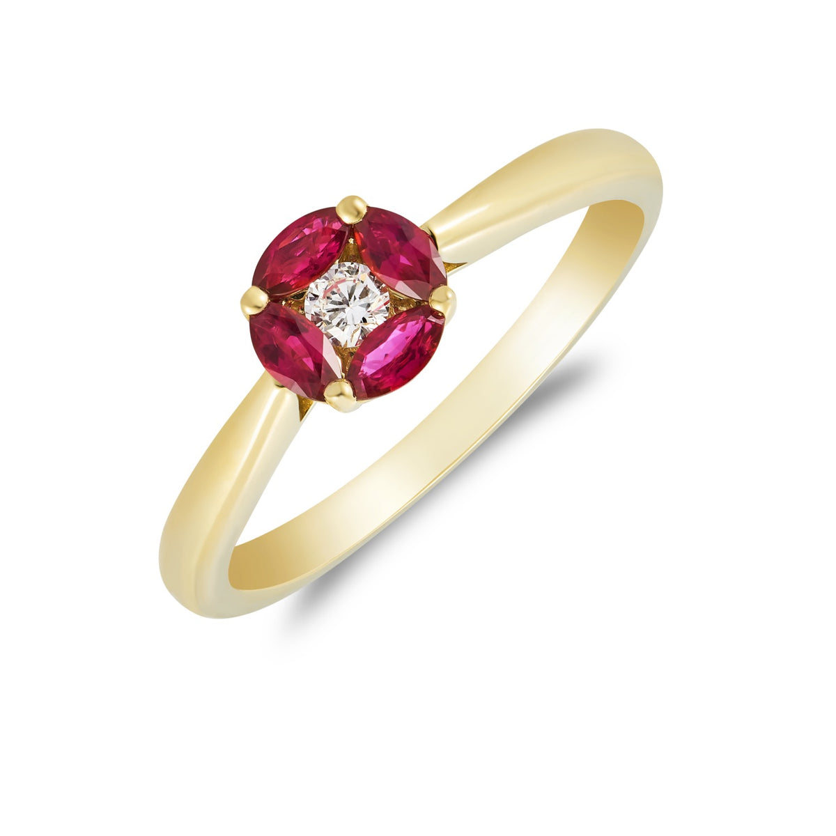 18CT YG MARQUISE RUBY & ROUND DIAMOND CLUSTER RING. TAPERED SHANK