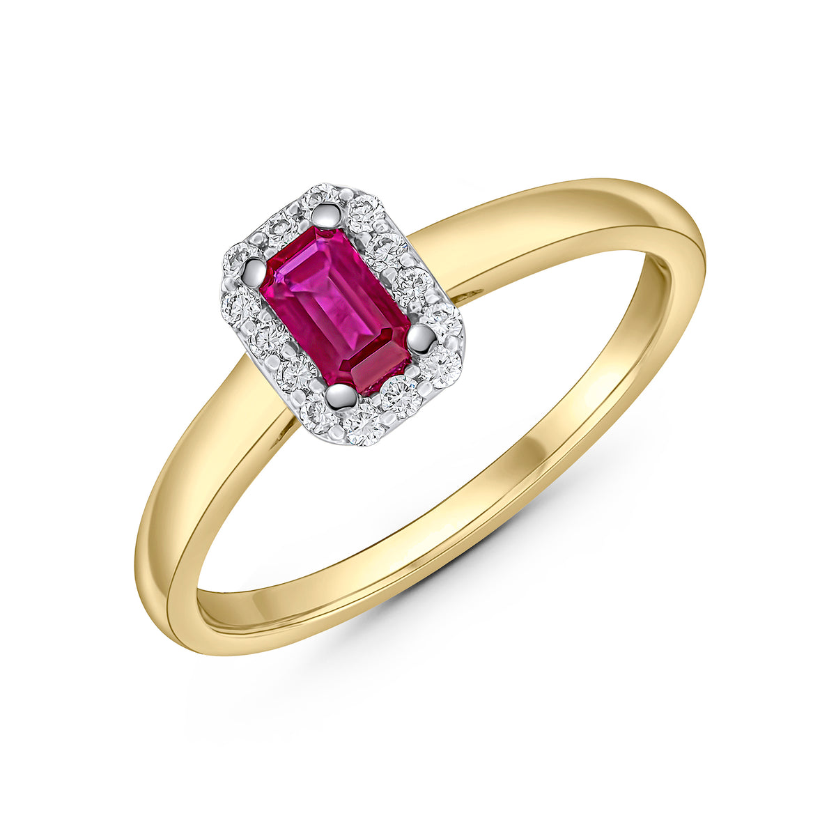 18CT YWG 5X3 OCTAGON RUBY AND DIAMOND CLAW CLUSTER RING