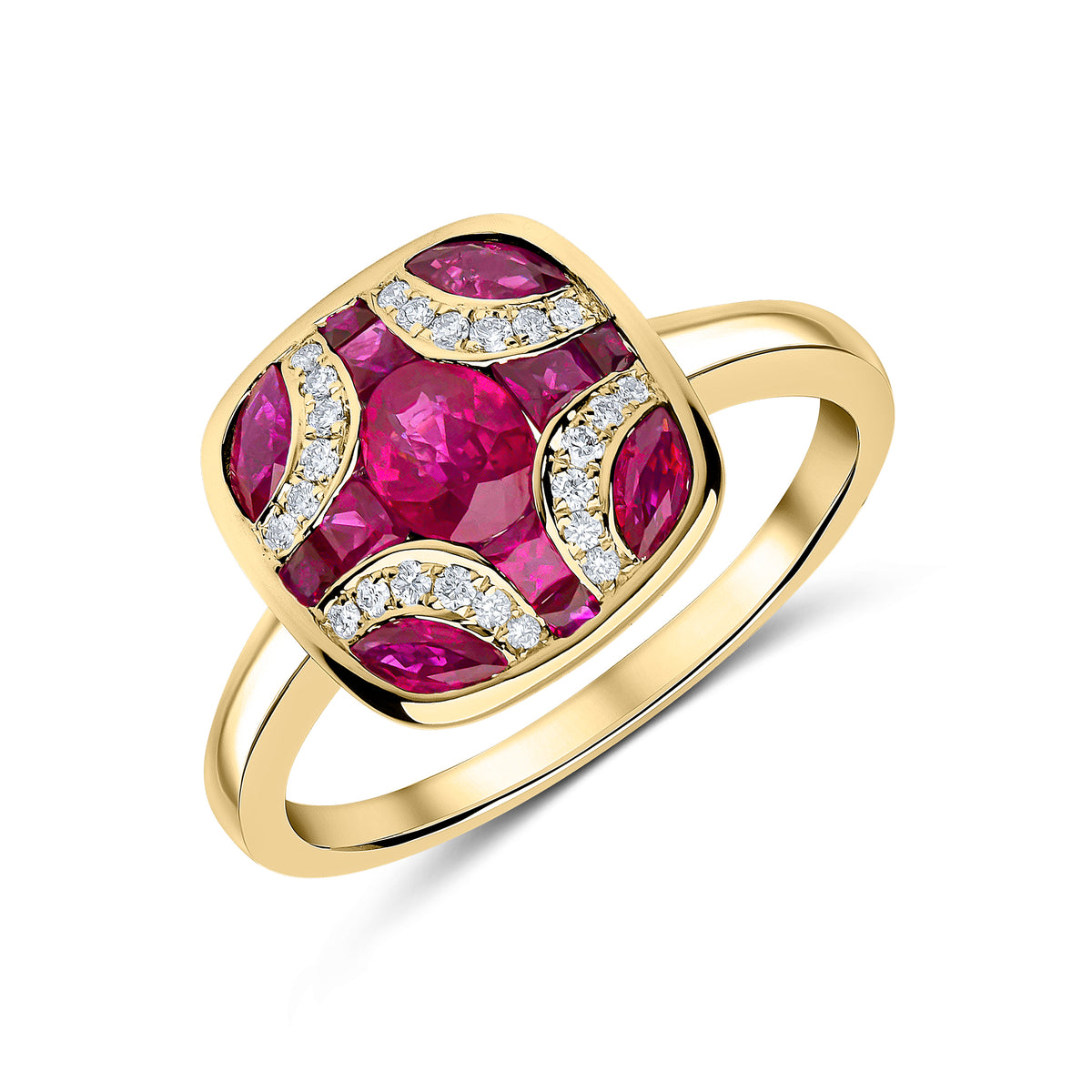 18CT YG RUBY & DIAMOND SHIELD RING WITH PLAIN SHANK