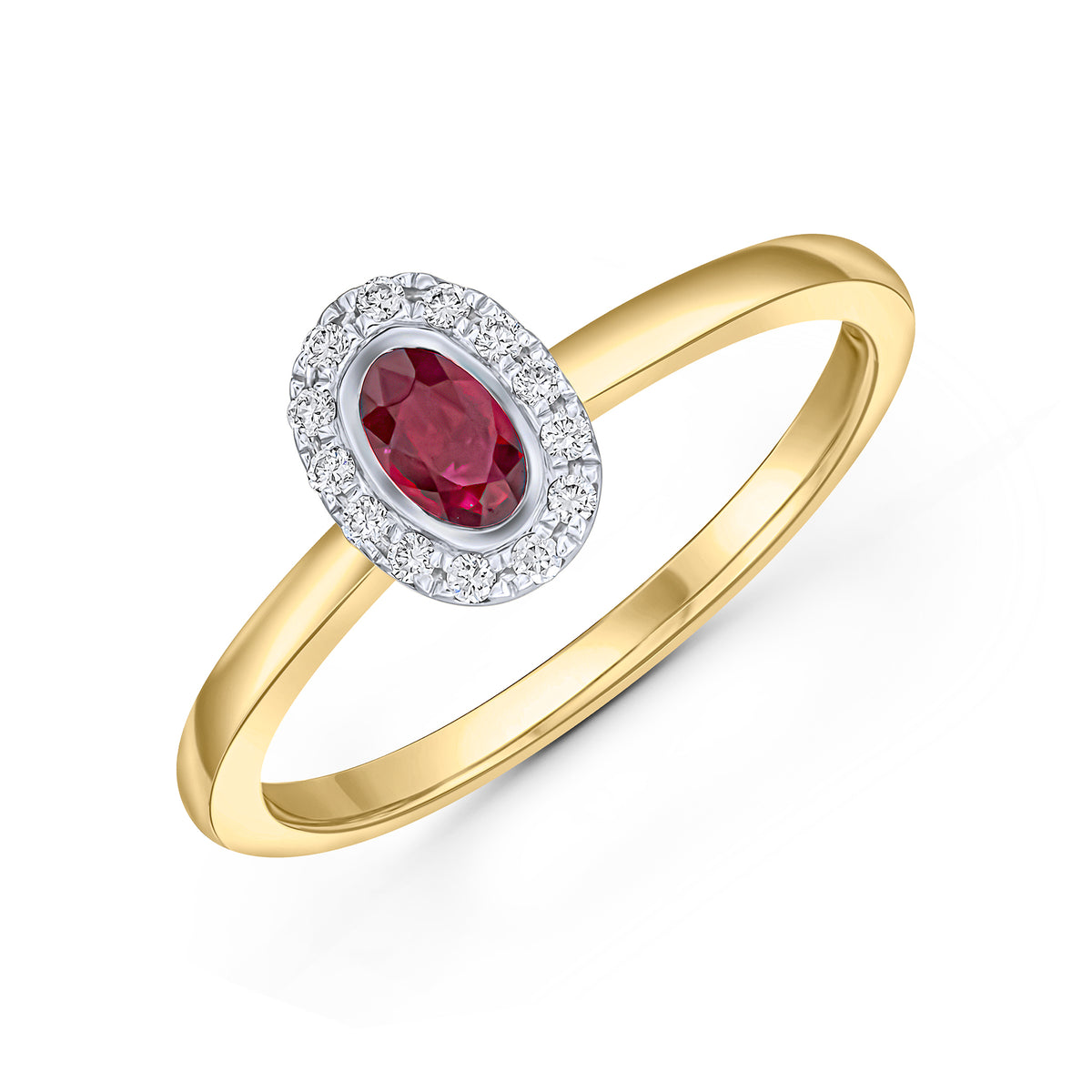 18CT YELLOW GOLD OVAL RUBY AND DIAMOND RUBOVER/GRAIN SET CLUSTER RING