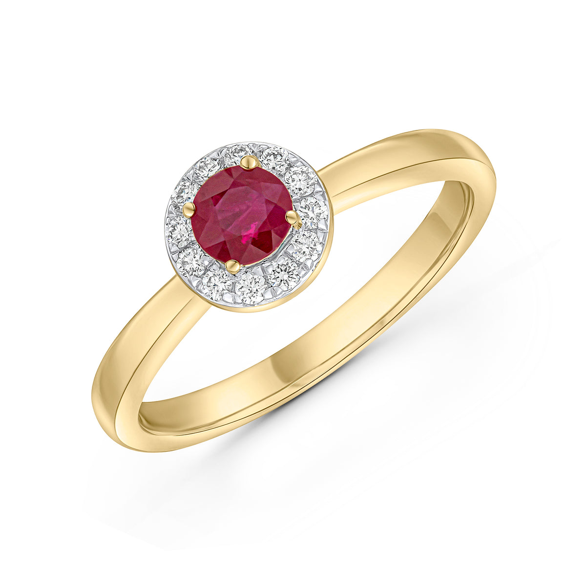 18CT YELLOW GOLD ROUND RUBY AND DIAMOND CLAW SET CLUSTER RING RHODIUM TO DIAMONDS
