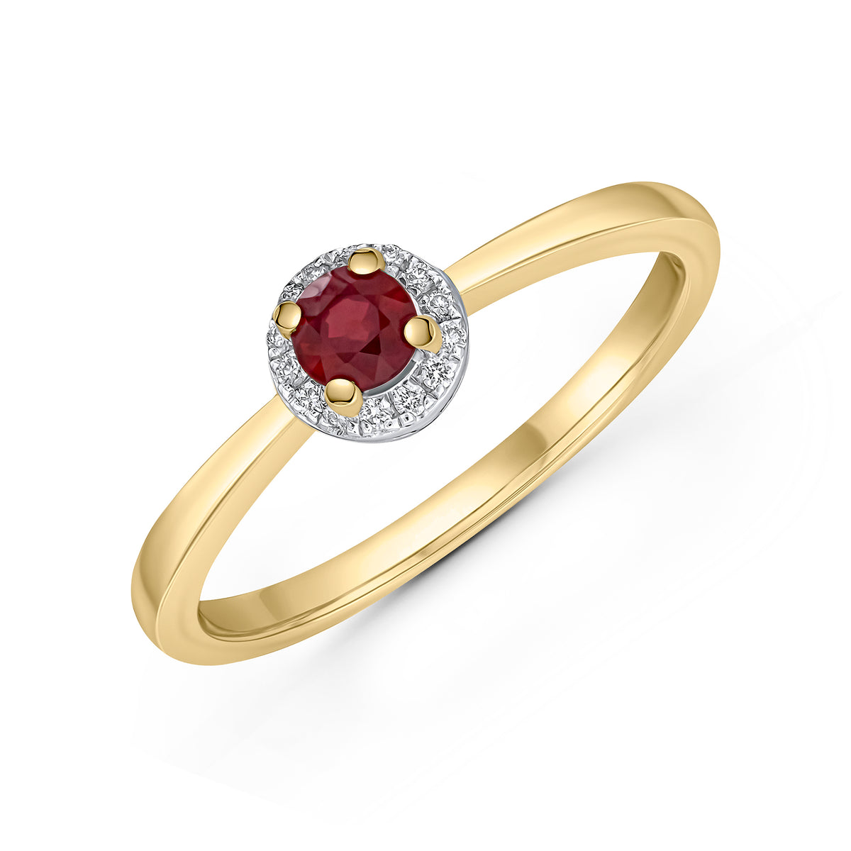 18CT YELLOW GOLD ROUND RUBY AND DIAMOND CLAW SET CLUSTER RING