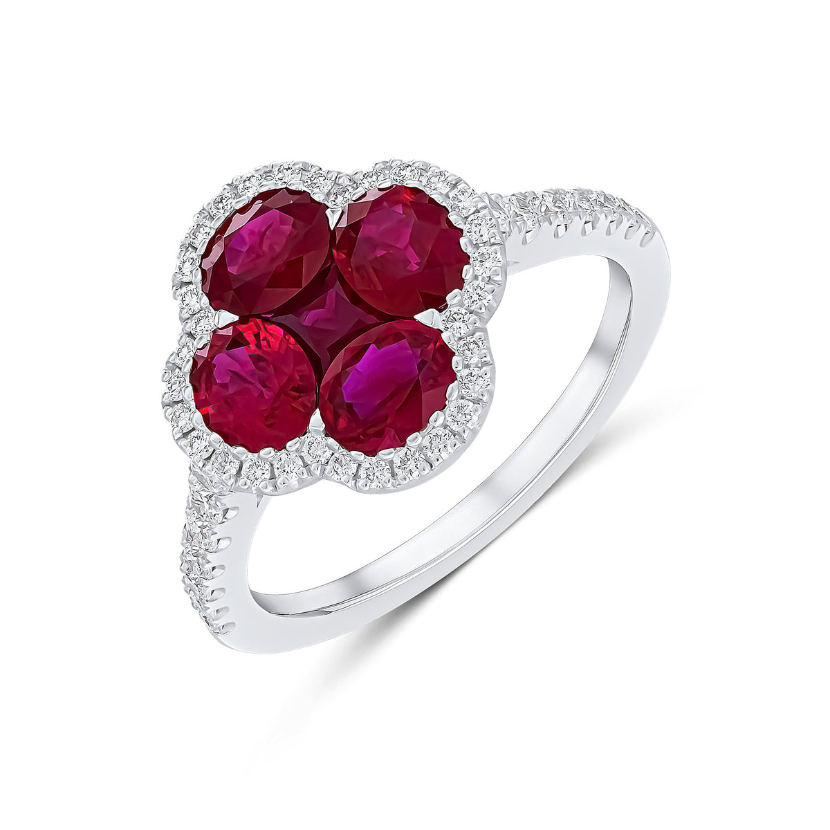 18CT WG ROUND AND SQUARE RUBY QUATREFOIL CLUSTER RING WITH DIAMOND SET SHOULDERS