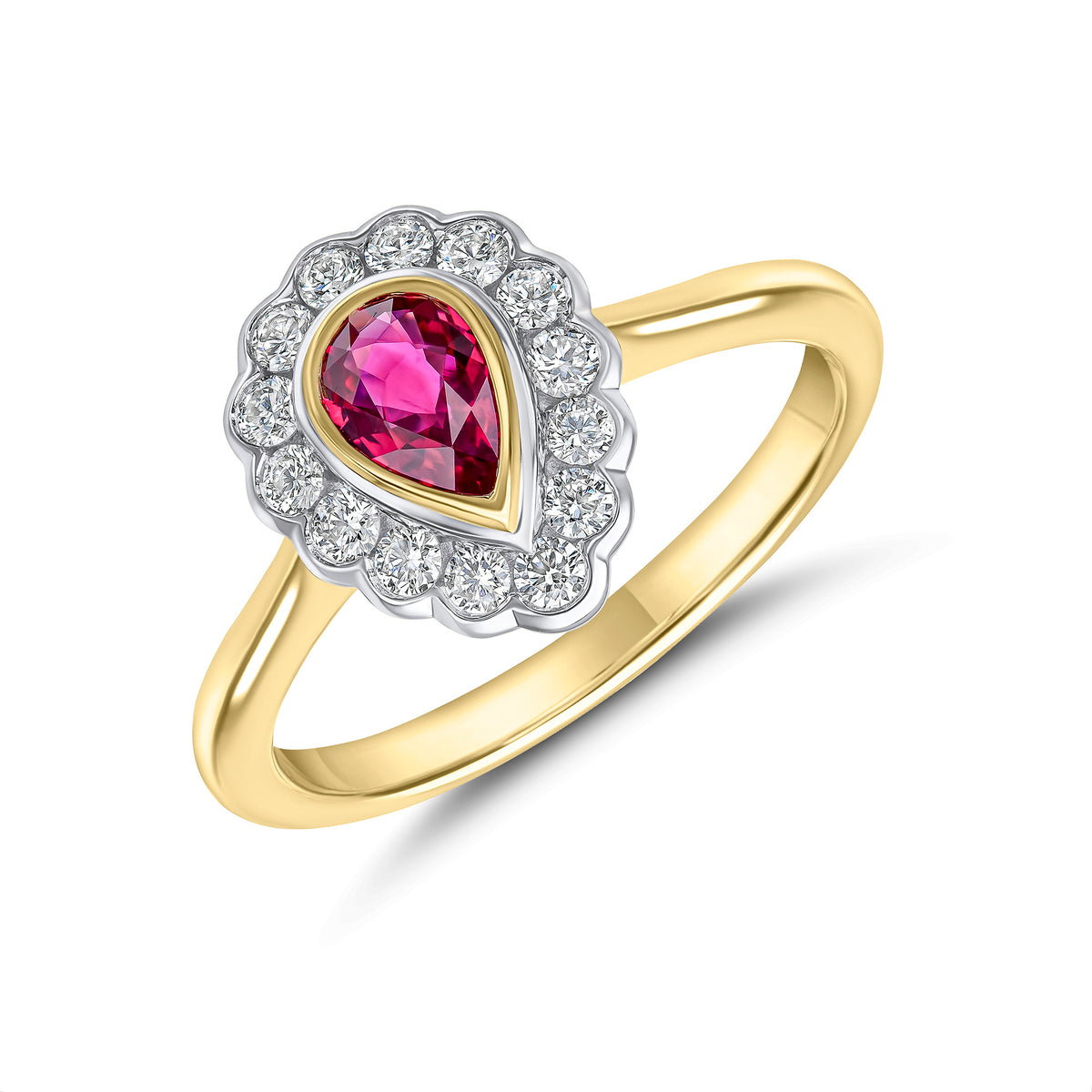 18CT YWG PEARSHAPE RUBY AND ROUND DIAMOND RUBOVER CLUSTER RING