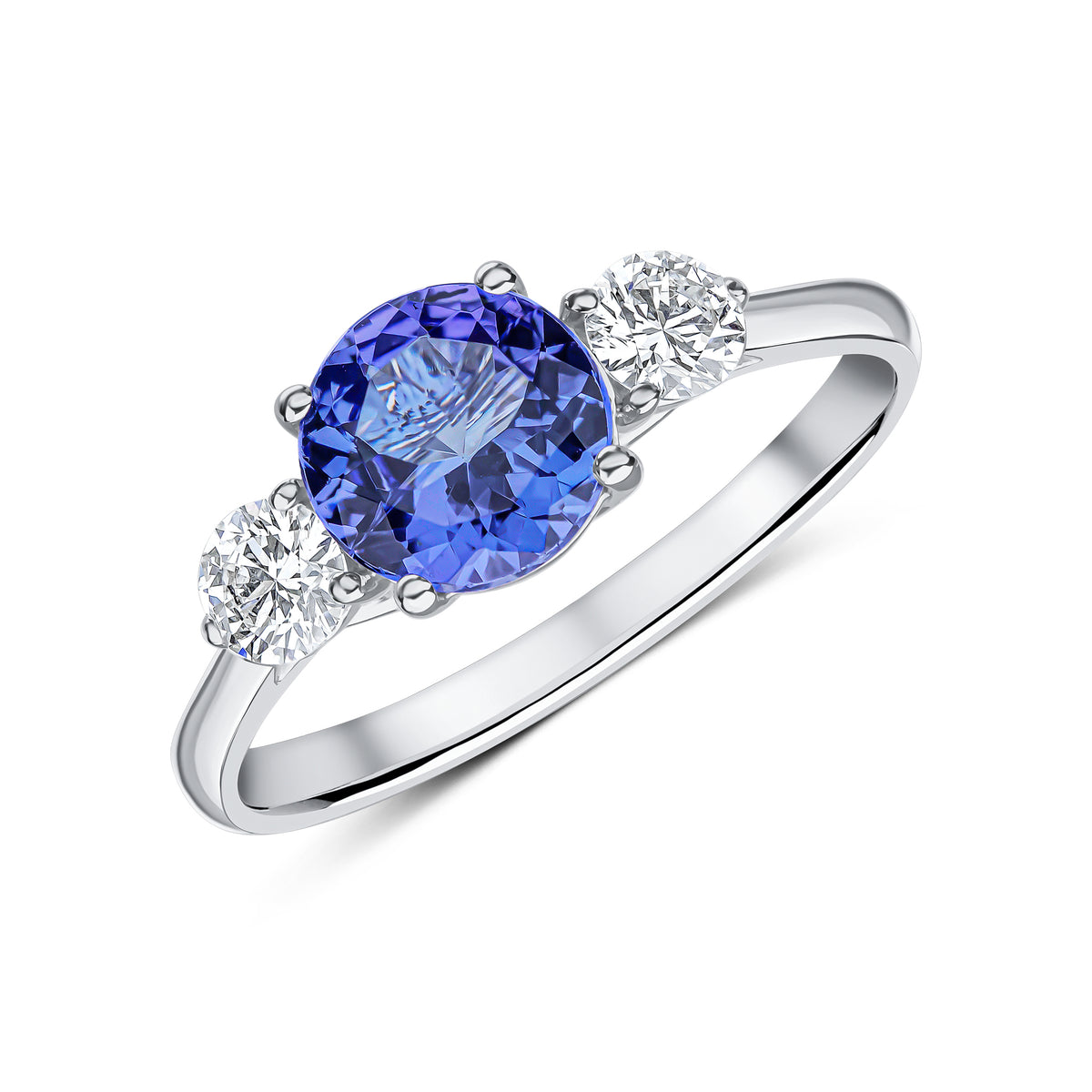 18CT WG 7MM ROUND TANZANITE AND DIAMOND CLAW SET 3ST RING
