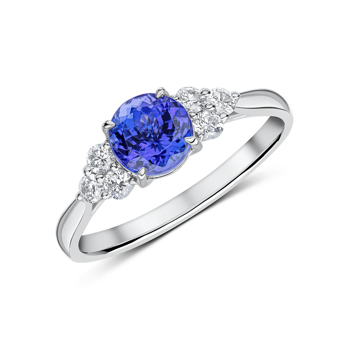 18CT WG 6MM ROUND TANZANITE AND ROUND DIAMOND TREFOIL SHOULDERS CLAW RING