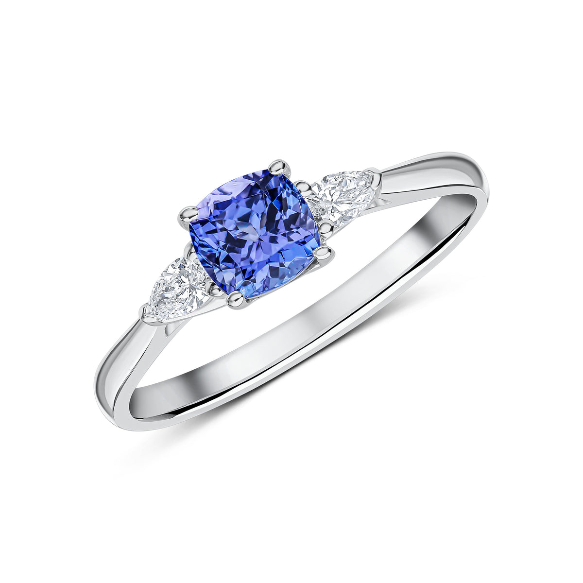 18CT WG 5MM CUSHION TANZANITE AND PEARSHAPE DIAMOND CLAW SET 3ST RING