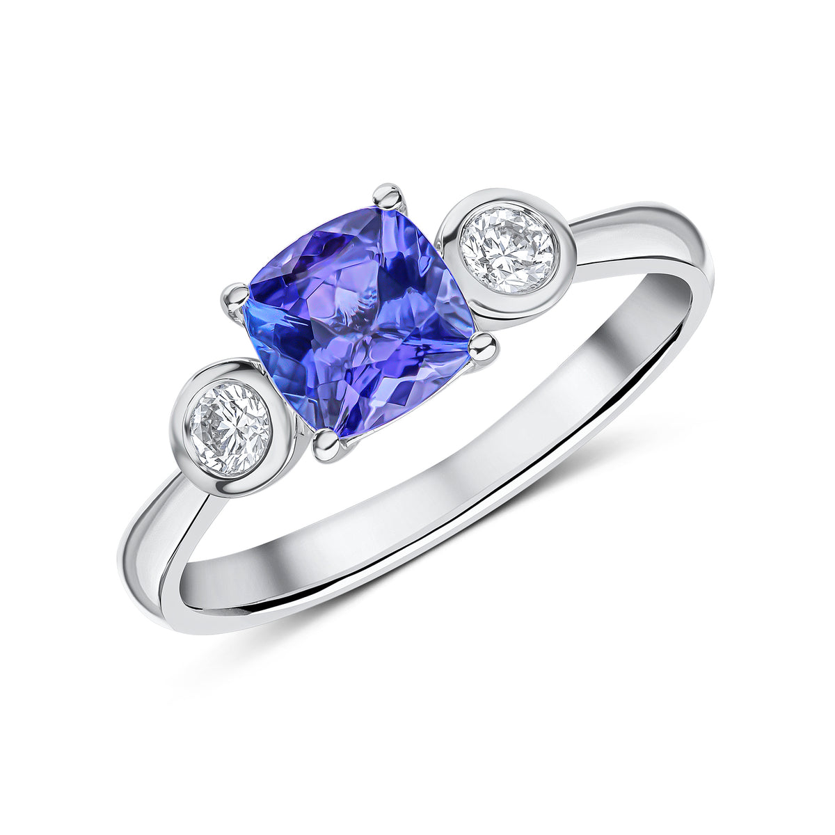 18CT WG 6MM CUSHION TANZANITE CLAW SET & DIAMOND RUBOVER 3 STONE RING
