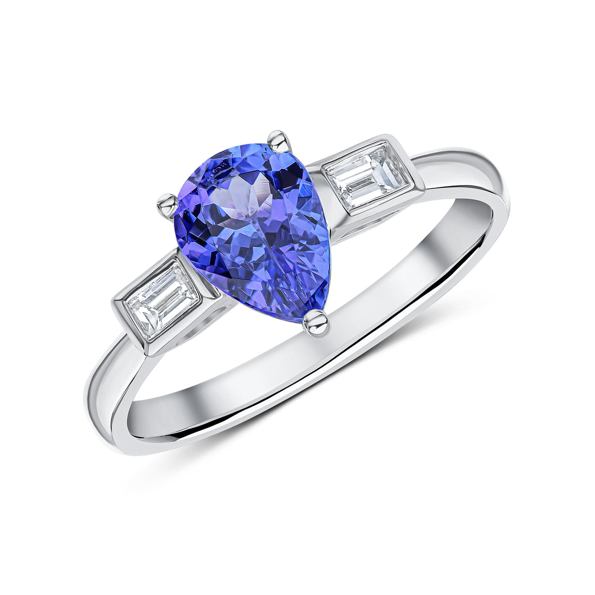18CT WG CLAW SET 8X6 PEARSHAPE TANZANITE & RUBOVER BAGUETTE DIAMOND RING