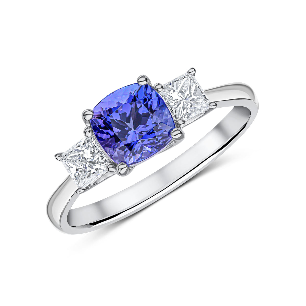 18C WG 6MM CUSHION TANZANITE AND PRINCESS CUT DIAMOND CLAW SET 3ST RING