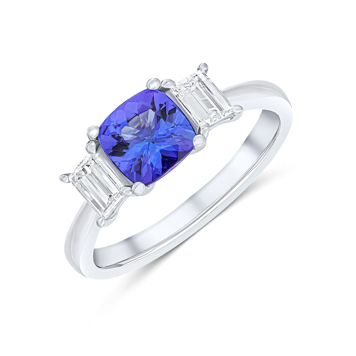 18CT WG 6MM CUSHION TANZANITE AND BAGUETTE DIAMOND CLAW SET 3ST RING