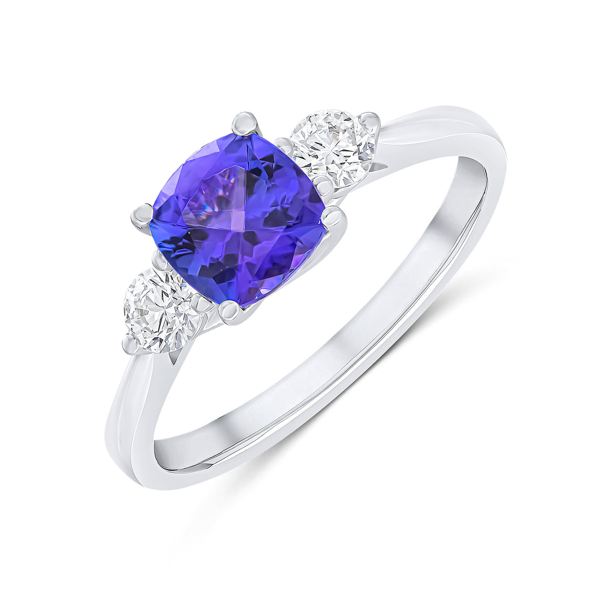 18CT WG 6MM CUSHION TANZANITE AND ROUND DIAMOND CLAW SET 3ST RING