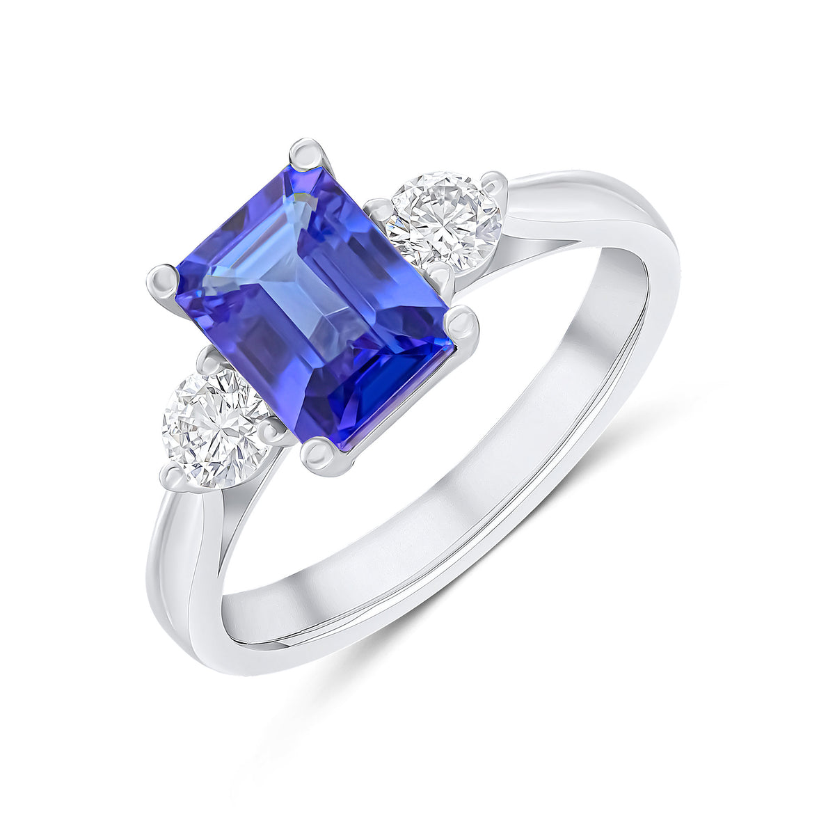 18CT WHITE GOLD OCTAGON TANZANITE AND ROUND DIAMOND CLAW SET 3ST RING