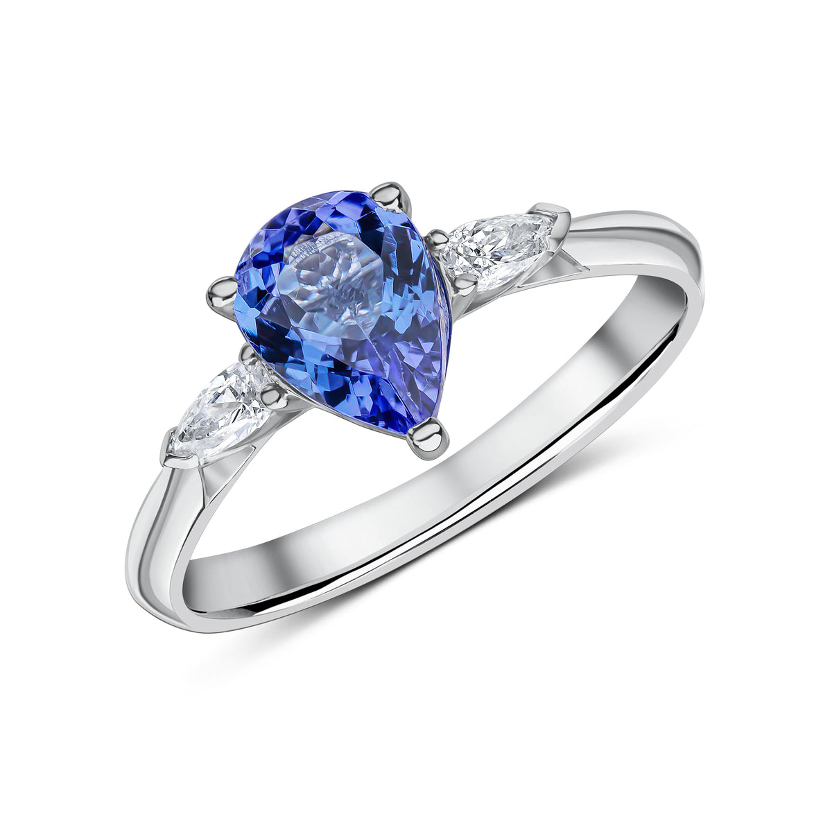 18CT WG 8X6 PEARSHAPE TANZANITE AND PEARSHAPE DIAMOND CLAW SET 3ST RING