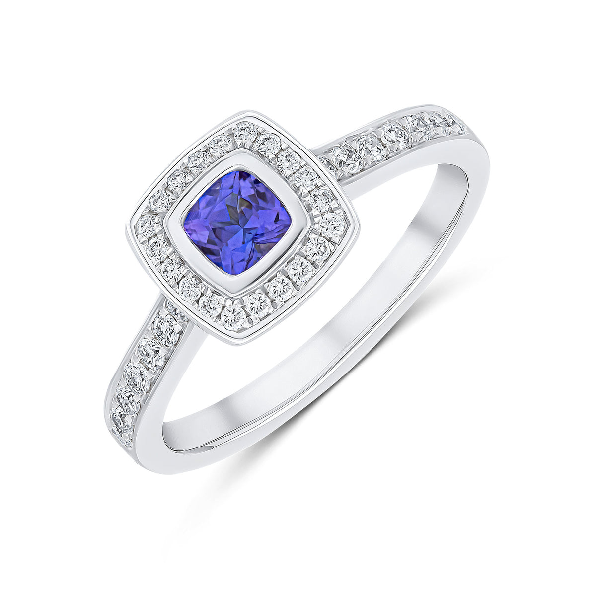 18CT WG RUBOVER CUSHION TANZANITE & GRAIN SET DIAMOND CLUSTER RING STONES ON SHOULDER