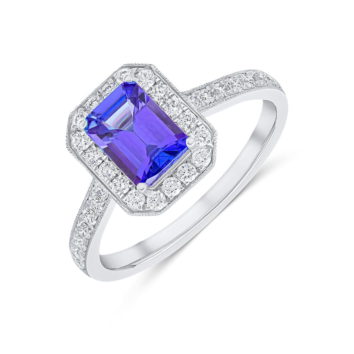 18CT WG 7X5 CLAW SET OCTAGON TANZANITE AND MILLEGRAIN SET ROUND DIAMOND CLUSTER RING