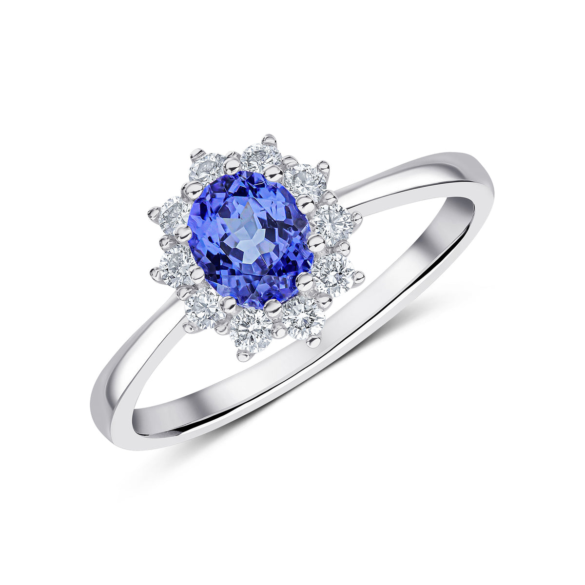 18CT WG 6x5 OVAL TANZANITE & DIAMOND CLAW CLUSTER RING