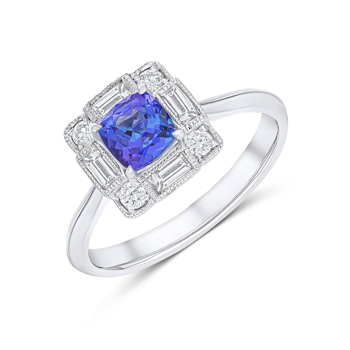 18CT WHITE GOLD CLAW SET CUSHION TANZANITE AND MILLEGRAIN SET BAGUETTE AND ROUND DIAMOND FANCY CLUSTER RING