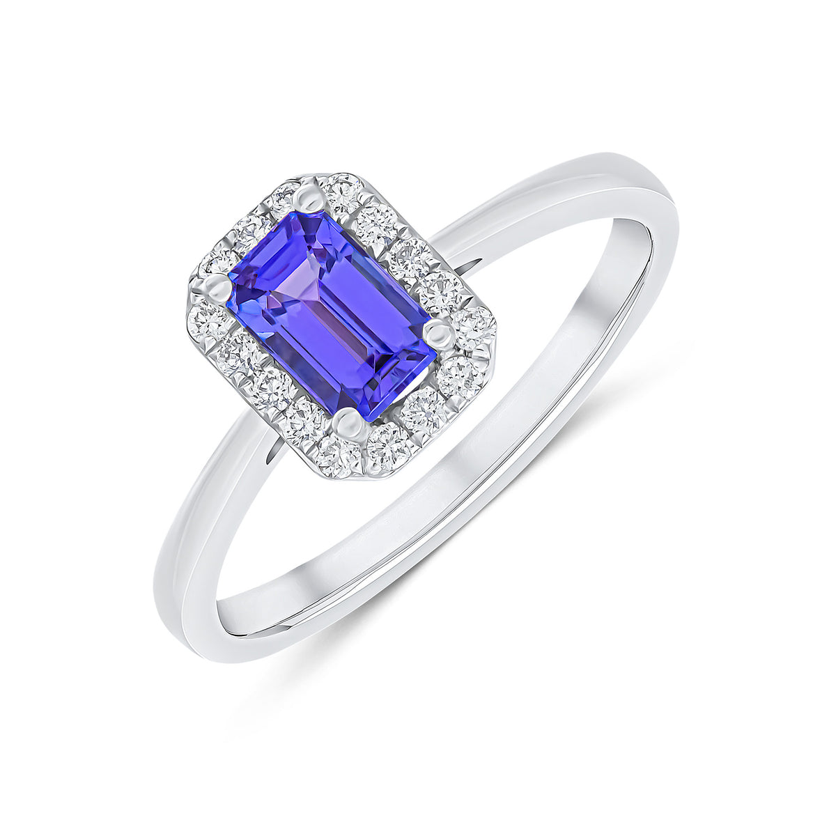 18CT WG 6X4 OCTAGON TANZANITE & DIAMOND CLAW SET CLUSTER RING