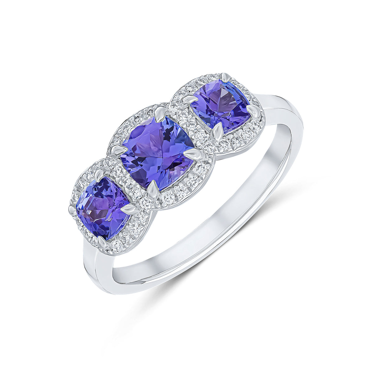 18CT WHITE GOLD CUSHION TANZANITE AND ROUND DIAMOND CLAW SET TRIPLE CLUSTER RING