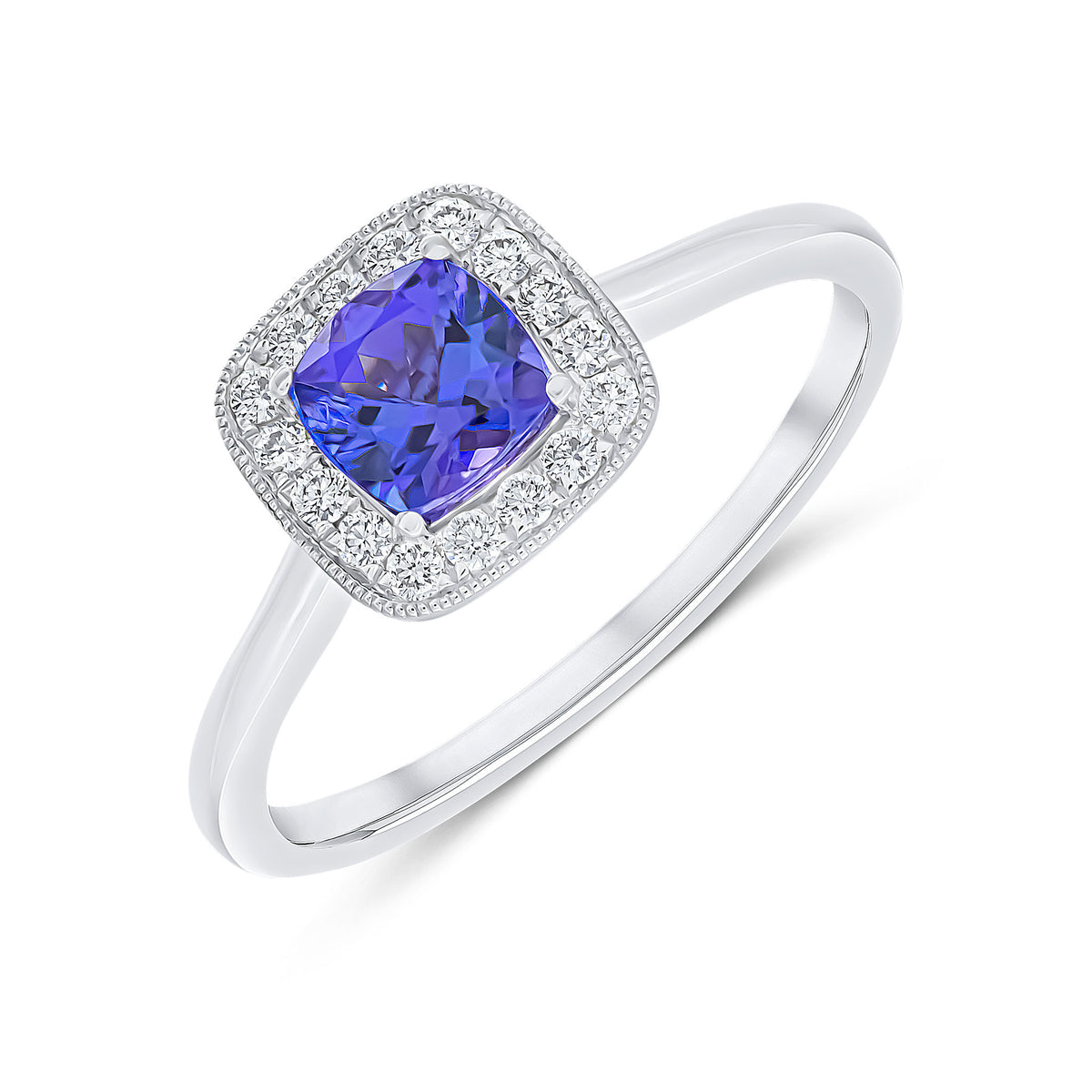 18CT WHITE GOLD CLAW SET CUSHION TANZANITE AND MILLEGRAIN ROUND DIAMOND CLUSTER RING