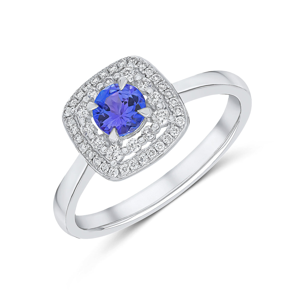 18CT WHITE GOLD ROUND TANZANITE AND DIAMOND 2 ROW BORDER CLAW CLUSTER RING
