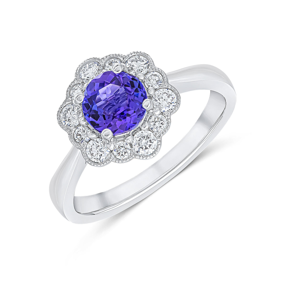 18CT WG CLAW SET ROUND TANZANITE AND MILLEGRAIN ROUND DIAMOND CLUSTER RING