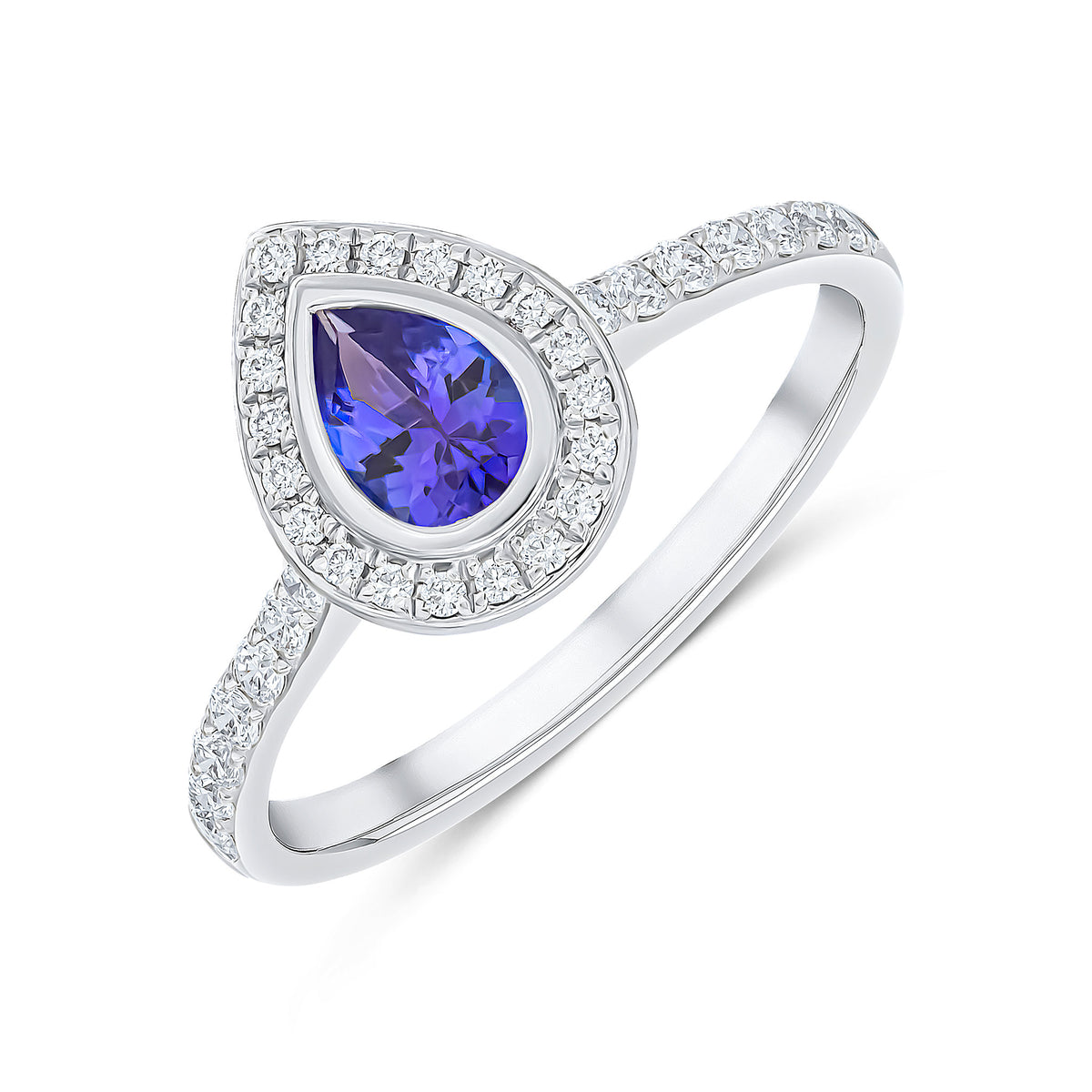 18CT WHITE GOLD RUBOVER PEARSHAPE TANZANITE AND GRAIN SET DIAMOND CLUSTER RING WITH CLAW SET DIAMOND SHOULDERS