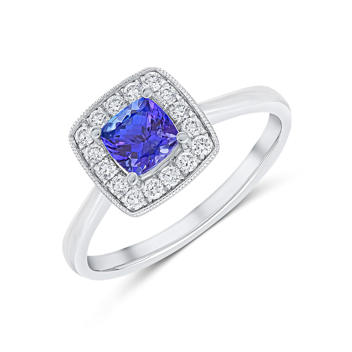 18CT WHITE GOLD CLAW SET CUSHION TANZANITE AND MILLEGRAIN SET ROUND DIAMOND CLUSTER RING