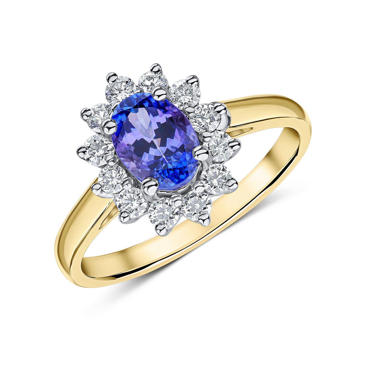 18CT YWG 7X5 OVAL TANZANITE AND DIAMOND CLAW SET CLUSTER RING