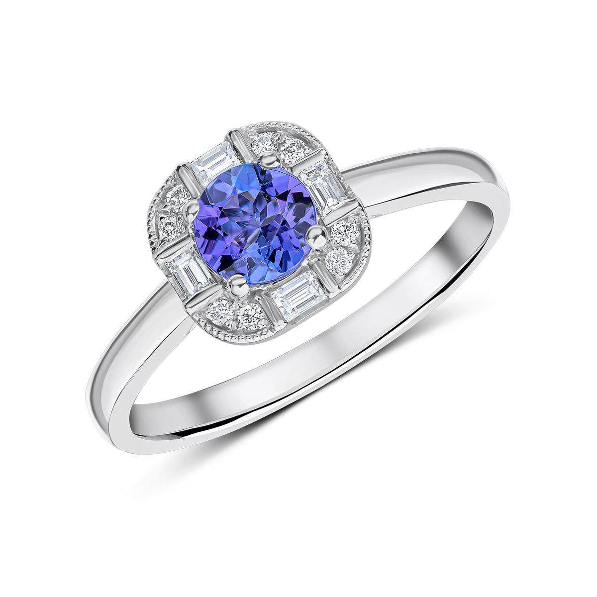18CT WG ROUND TANZANITE AND ROUND AND BAGUETTE DIAMOND FANCY CLUSTER RING