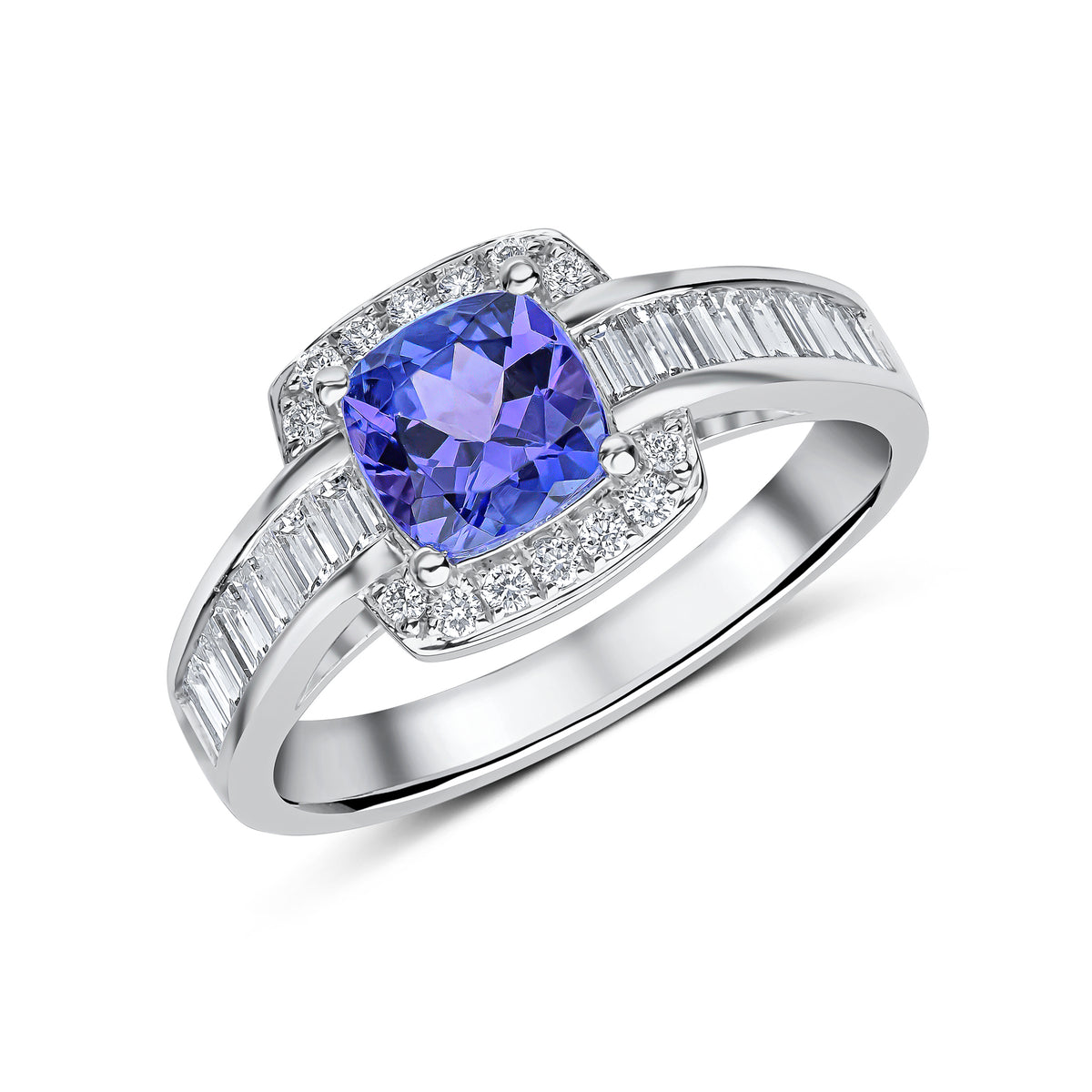 18CT WG CUSHION TANZANITE AND ROUND DIAMOND CLUSTER RING WIHT CHANNEL SET BAGUETTE DIAMOND SHOULDERS